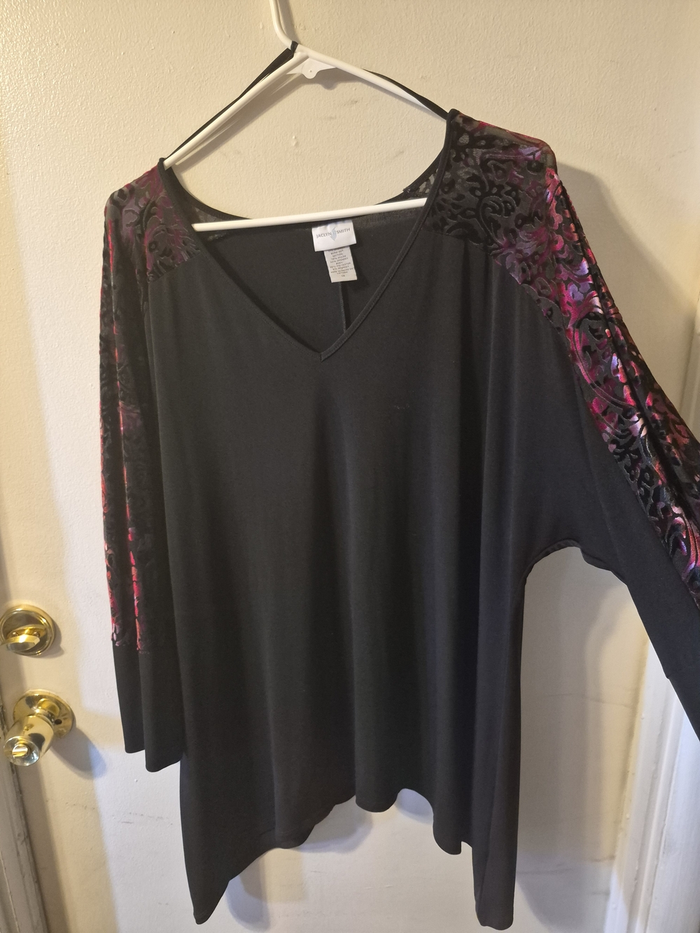 Jaclyn Smith Black V-Neck Top with Pink Velvet Burnout Sleeves